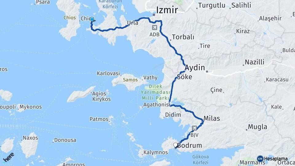 İzmir Çeşme Dalyan Bodrum Muğla Arası Kaç Km - Yol Haritası