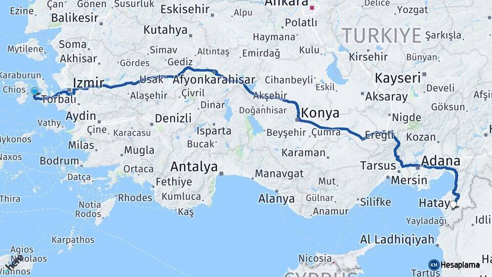 İzmir Çeşme Hatay Arası Kaç Km - Yol Haritası