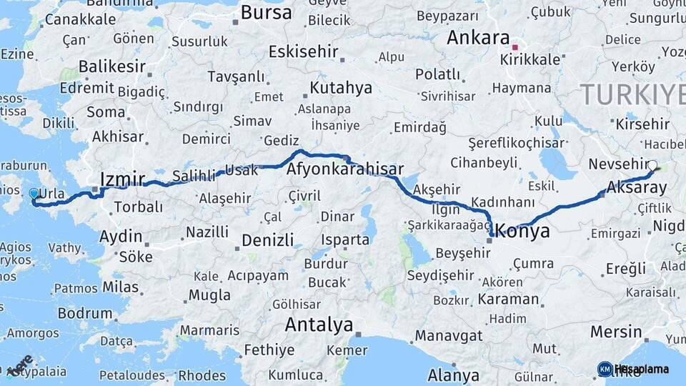 İzmir Çeşme Nevşehir Arası Kaç Km - Yol Haritası