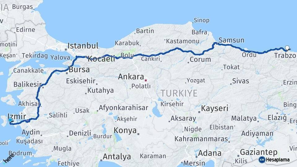 İzmir Çeşme Trabzon Arası Kaç Km - Yol Haritası