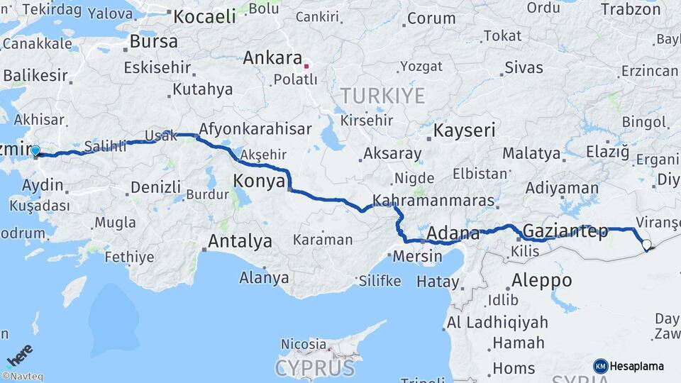 İzmir Ceylanpınar Şanlıurfa Arası Kaç Km - Yol Haritası