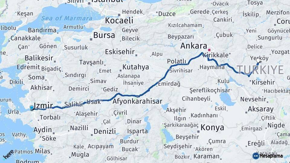 İzmir Çiçekdağı Kırşehir Arası Kaç Km - Yol Haritası