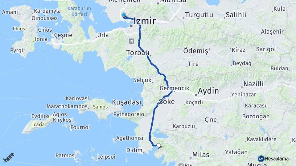 İzmir Çiğli Akbük Didim Aydın Arası Kaç Km - Yol Haritası