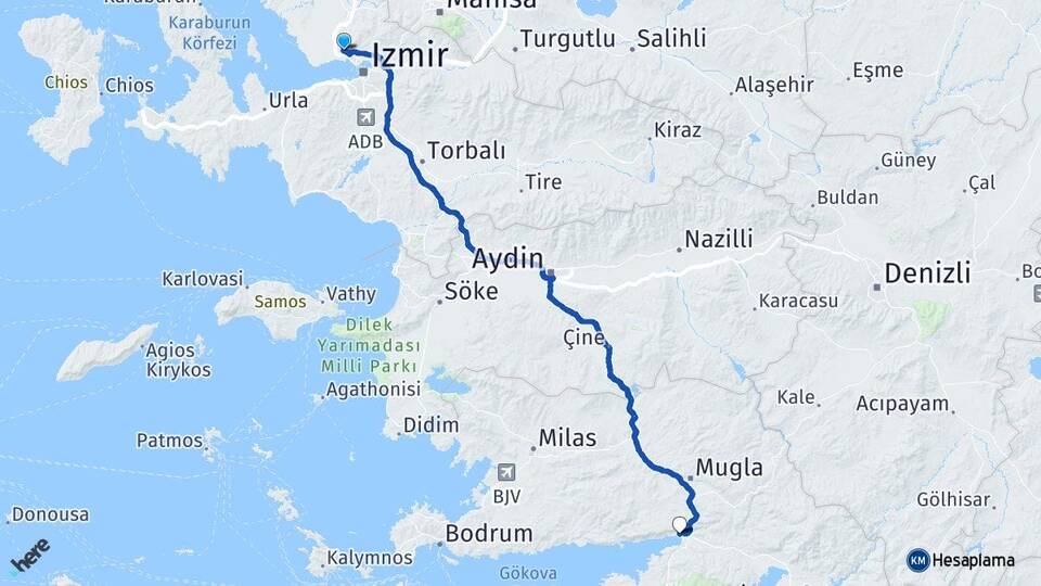 İzmir Çiğli Akyaka Ula Muğla Arası Kaç Km - Yol Haritası