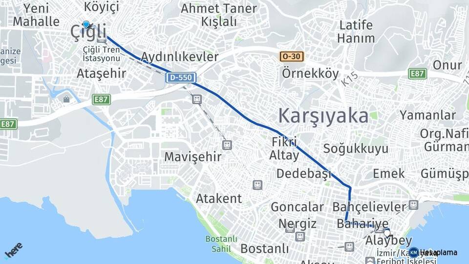 İzmir Çiğli Alaybey Karşıyaka Arası Kaç Km - Yol Haritası