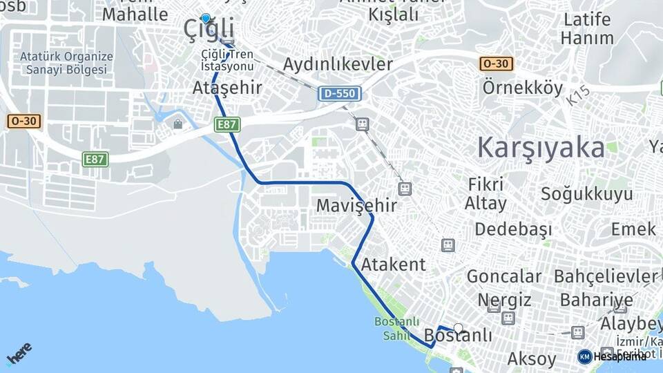 İzmir Çiğli Bostanlı Karşıyaka Arası Kaç Km - Yol Haritası