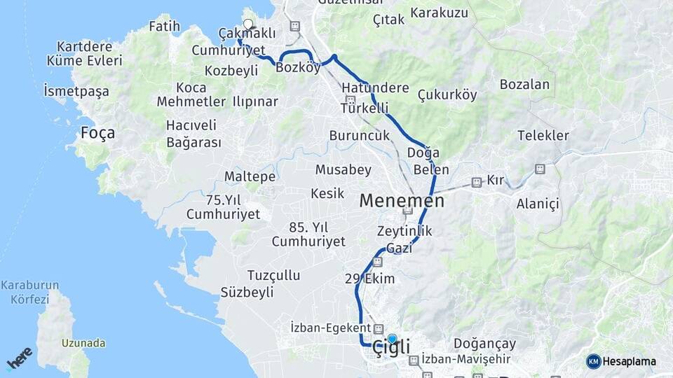 İzmir Çiğli Çakmaklı Aliağa Arası Kaç Km - Yol Haritası