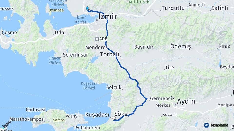 İzmir Çiğli Davutlar Kuşadası Aydın Arası Kaç Km - Yol Haritası
