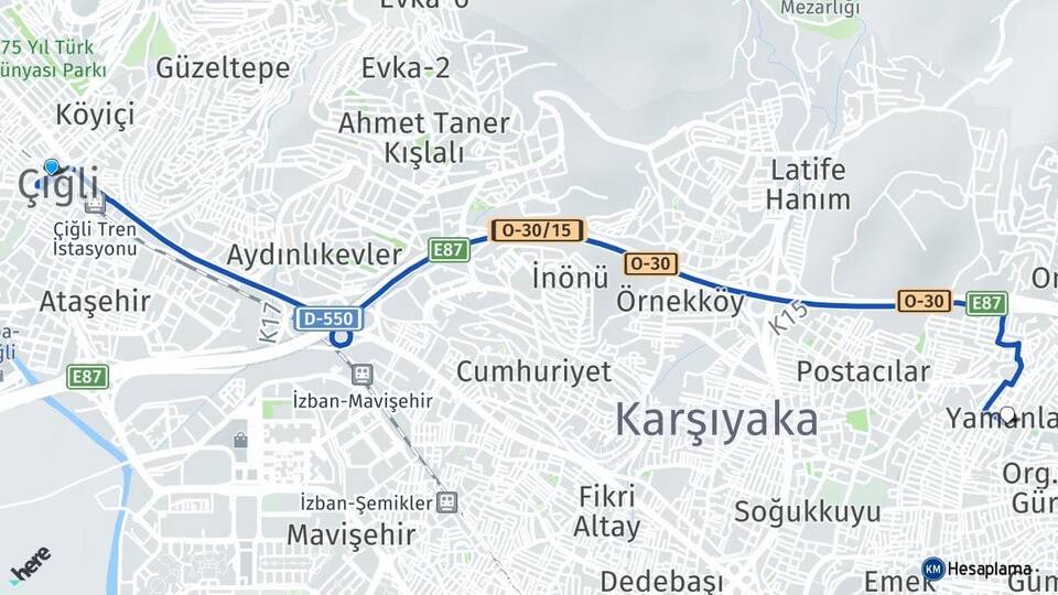 İzmir Çiğli Yamanlar Bayraklı Arası Kaç Km - Yol Haritası