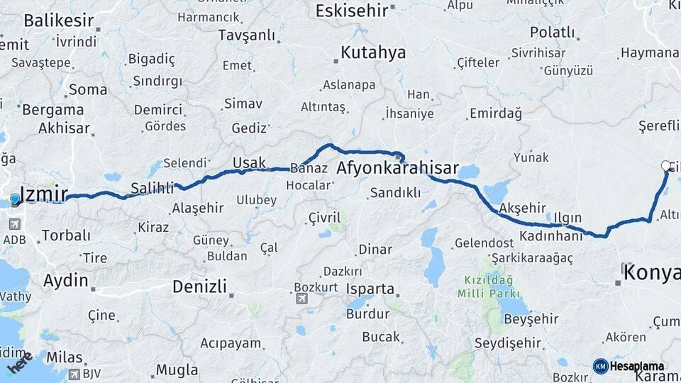 İzmir Cihanbeyli Konya Arası Kaç Km - Yol Haritası