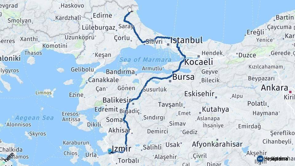 İzmir Demirköy Kırklareli Arası Kaç Km - Yol Haritası