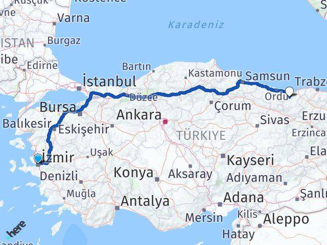 İzmir Dereli Giresun Arası Kaç Km - Yol Haritası