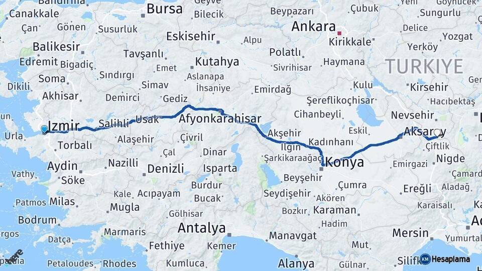 İzmir Derinkuyu Nevşehir Arası Kaç Km - Yol Haritası