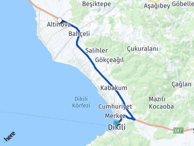 İzmir Dikili Altınova Ayvalık Balıkesir Arası Kaç Km - Yol Haritası