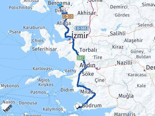 İzmir Dikili Bitez Bodrum Muğla Arası Kaç Km - Yol Haritası