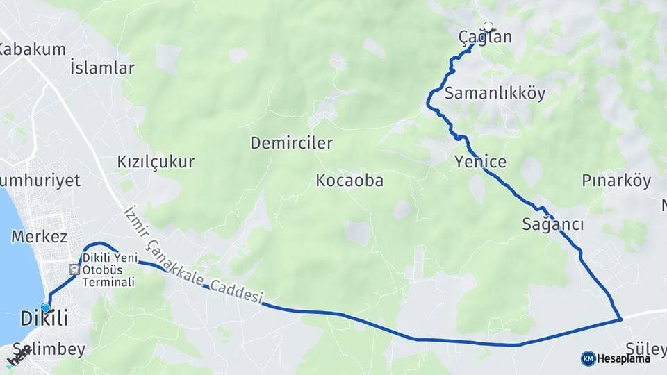 İzmir Dikili Çağlan Dikili Arası Kaç Km - Yol Haritası