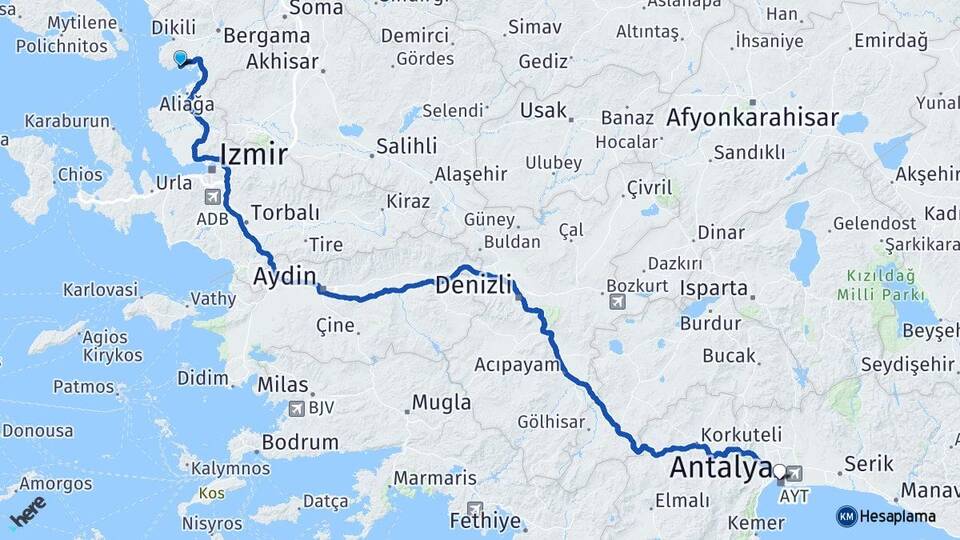 İzmir Dikili Çandarlı Antalya Arası Kaç Km - Yol Haritası