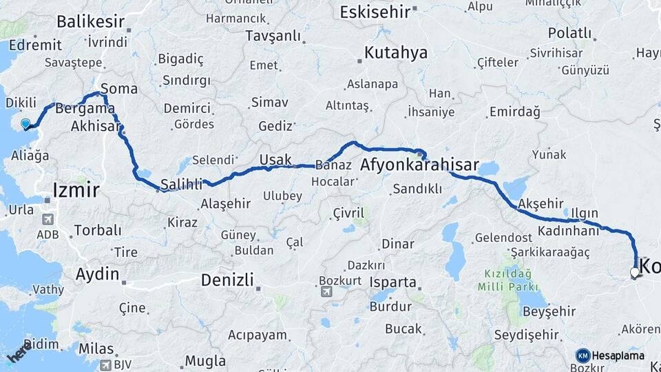 İzmir Dikili Çandarlı Konya Arası Kaç Km - Yol Haritası