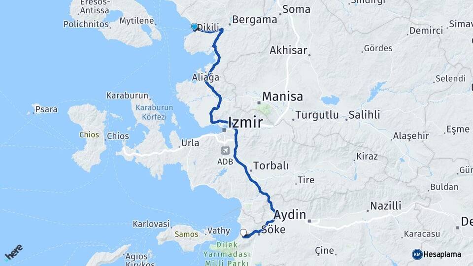 İzmir Dikili Davutlar Kuşadası Aydın Arası Kaç Km - Yol Haritası