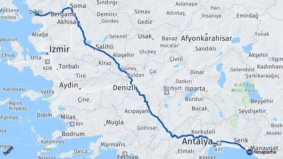 İzmir Dikili Side Manavgat Antalya Arası Kaç Km - Yol Haritası