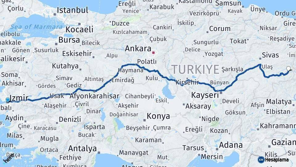 İzmir Divriği Sivas Arası Kaç Km - Yol Haritası