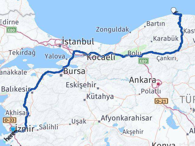 İzmir Doğanyurt Kastamonu Arası Kaç Km - Yol Haritası