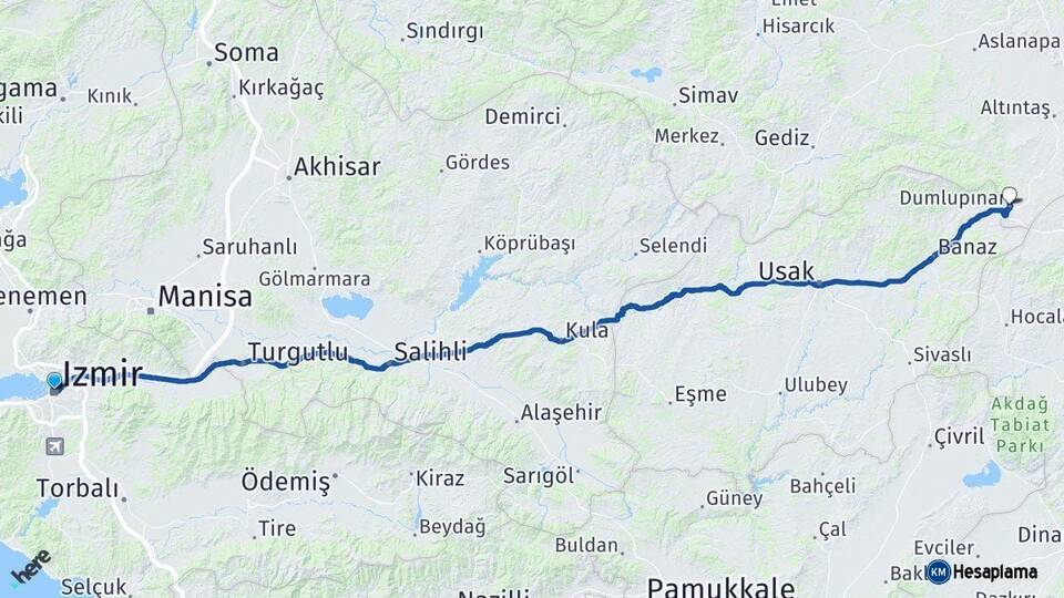 İzmir Dumlupınar Kütahya Arası Kaç Km - Yol Haritası
