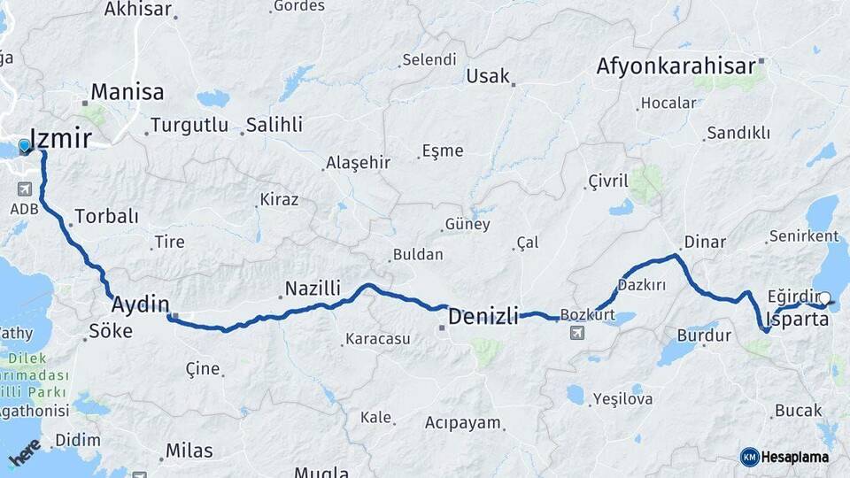 İzmir Eğirdir Isparta Arası Kaç Km - Yol Haritası