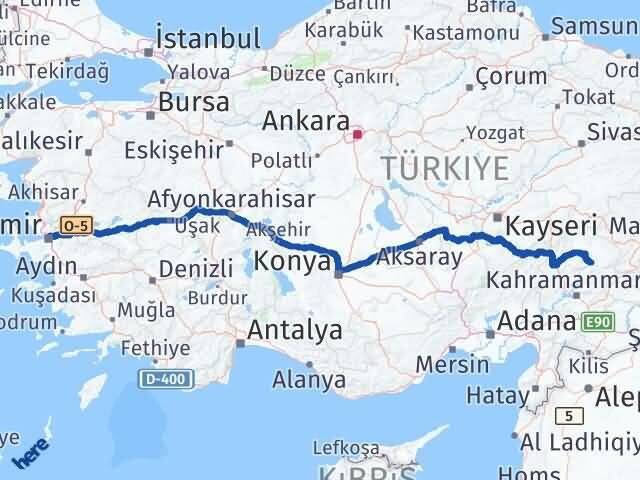 İzmir Ekinözü Kahramanmaraş Arası Kaç Km - Yol Haritası