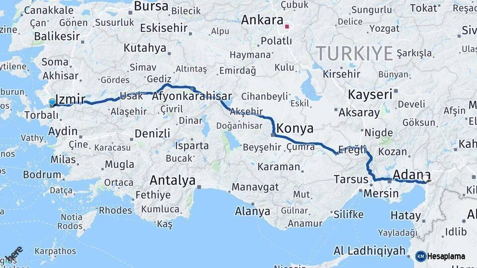 İzmir Erzin Hatay Arası Kaç Km - Yol Haritası