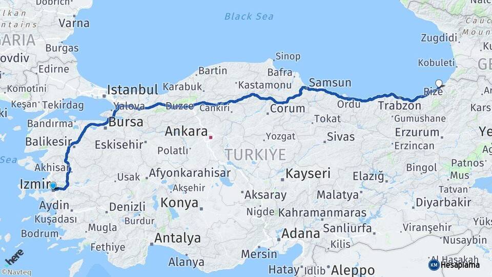 İzmir Fındıklı Rize Arası Kaç Km - Yol Haritası