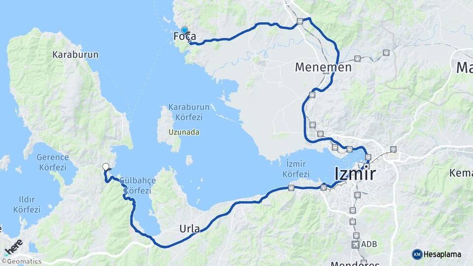 İzmir Foça Balıklıova Urla Arası Kaç Km - Yol Haritası