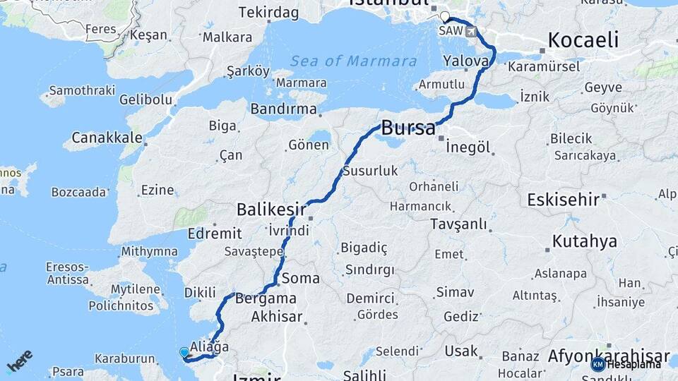 İzmir Foça Erenköy Kadıköy İstanbul Arası Kaç Km - Yol Haritası
