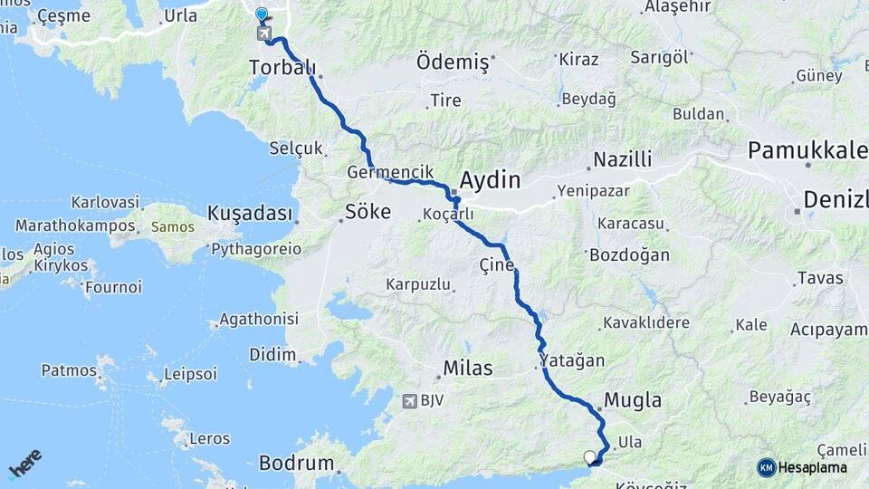 İzmir Gaziemir Akyaka Ula Muğla Arası Kaç Km - Yol Haritası