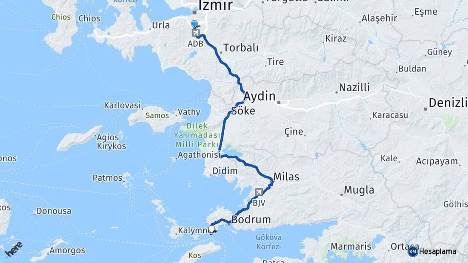İzmir Gaziemir Akyarlar Bodrum Muğla Arası Kaç Km - Yol Haritası