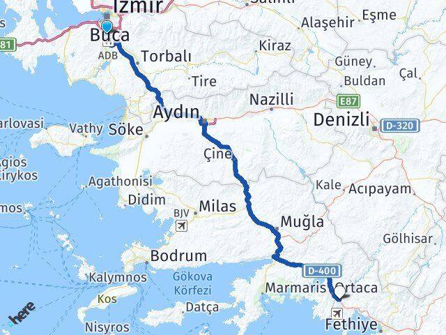 İzmir Gaziemir Atakent Dalaman Muğla Arası Kaç Km - Yol Haritası