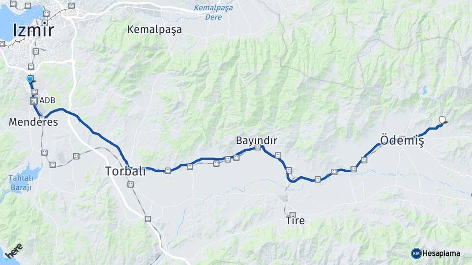 İzmir Gaziemir Birgi Ödemiş Arası Kaç Km - Yol Haritası
