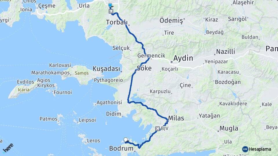 İzmir Gaziemir Yalıkavak Bodrum Muğla Arası Kaç Km - Yol Haritası