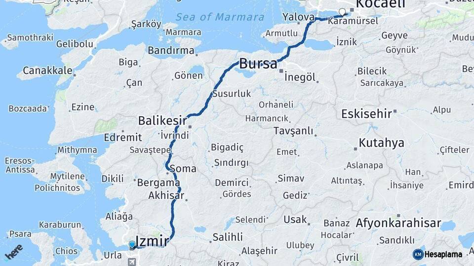 İzmir Gölcük Kocaeli Arası Kaç Km - Yol Haritası