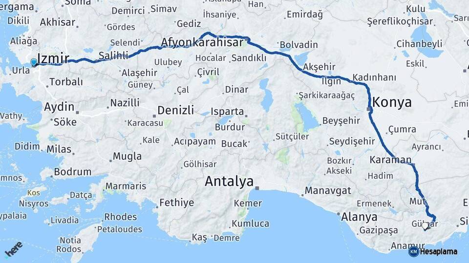 İzmir Gülnar Mersin Arası Kaç Km - Yol Haritası