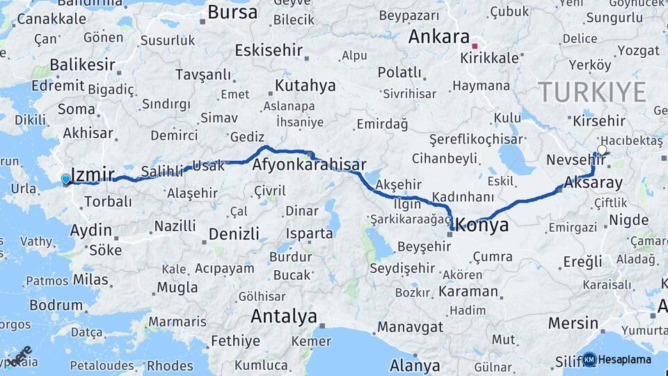 İzmir Gülşehir Nevşehir Arası Kaç Km - Yol Haritası