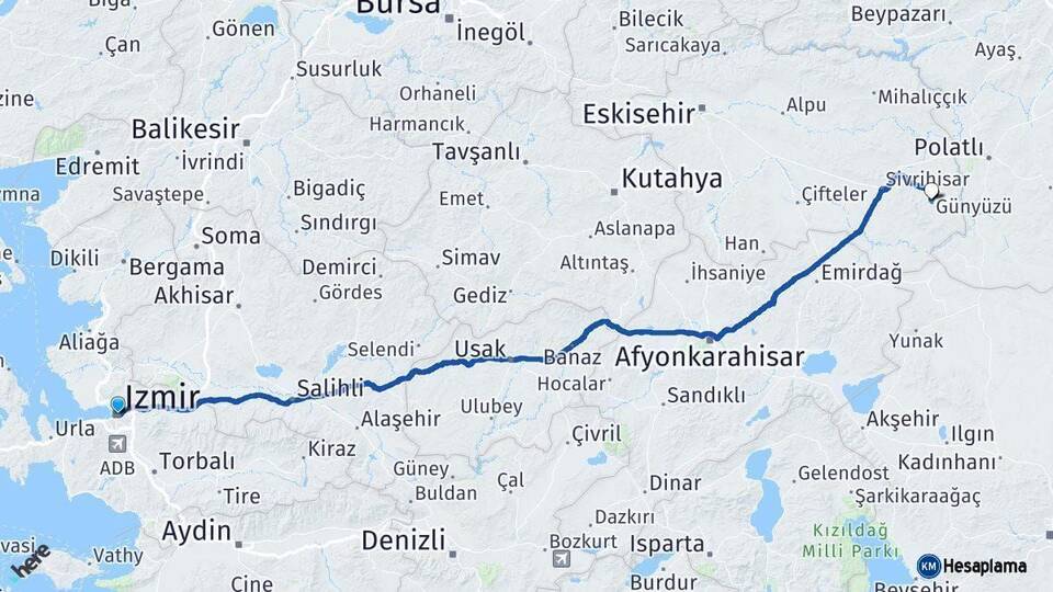 İzmir Günyüzü Eskişehir Arası Kaç Km - Yol Haritası