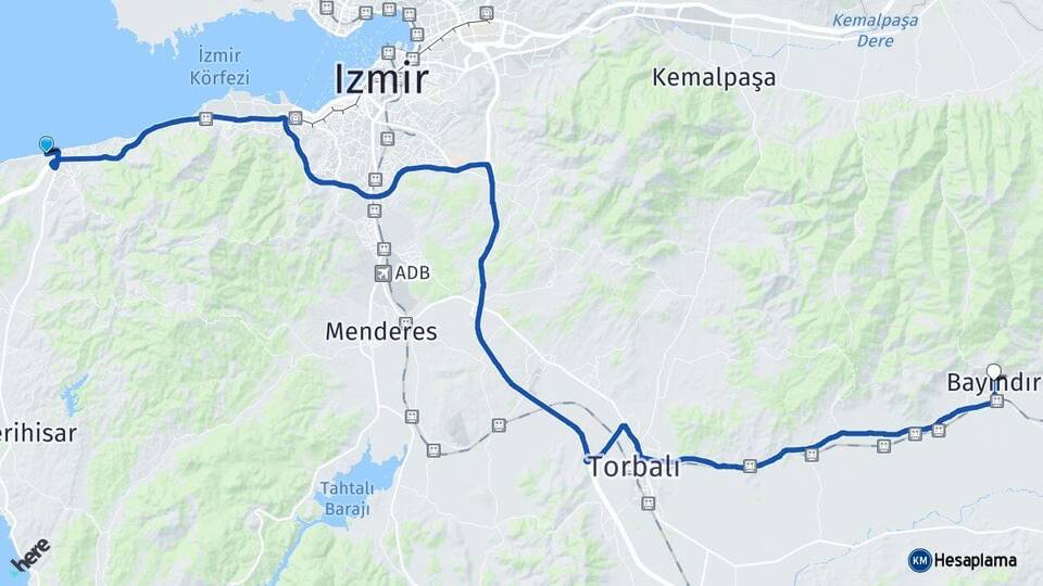 İzmir Güzelbahçe Bayındır Arası Kaç Km - Yol Haritası