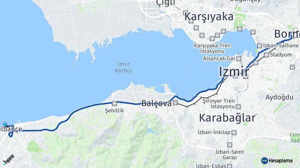 İzmir Güzelbahçe Bornova Arası Kaç Km - Yol Haritası