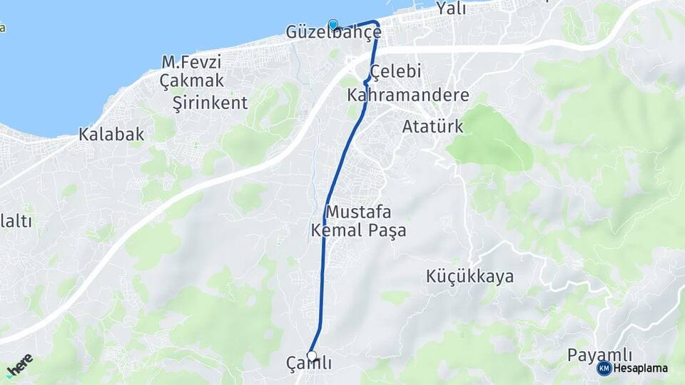 İzmir Güzelbahçe Çamlı Güzelbahçe Arası Kaç Km - Yol Haritası
