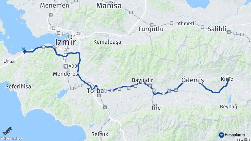 İzmir Güzelbahçe Kiraz Arası Kaç Km - Yol Haritası