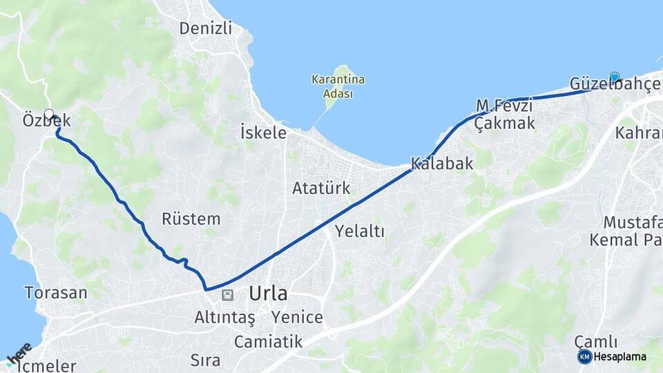 İzmir Güzelbahçe Özbek Urla Arası Kaç Km - Yol Haritası