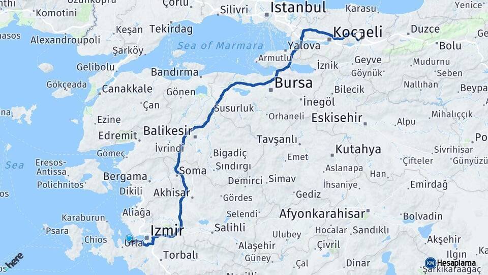 İzmir Güzelbahçe Sakarya Arası Kaç Km - Yol Haritası