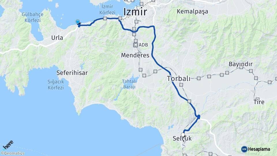 İzmir Güzelbahçe Selçuk Arası Kaç Km - Yol Haritası