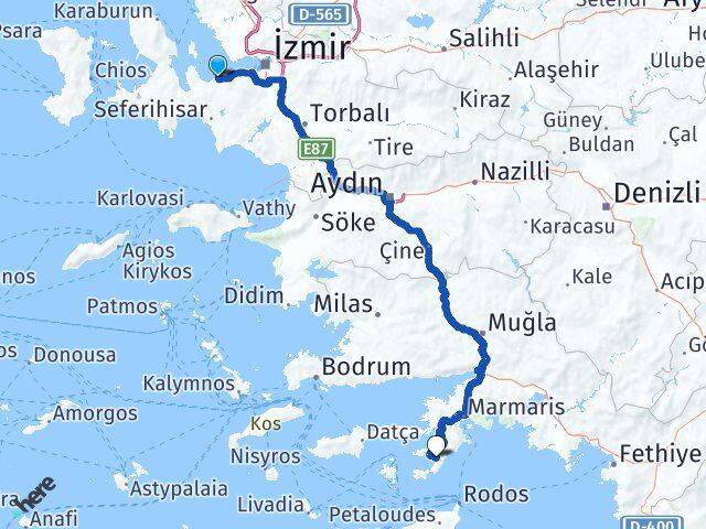 İzmir Güzelbahçe Söğüt Marmaris Muğla Arası Kaç Km - Yol Haritası